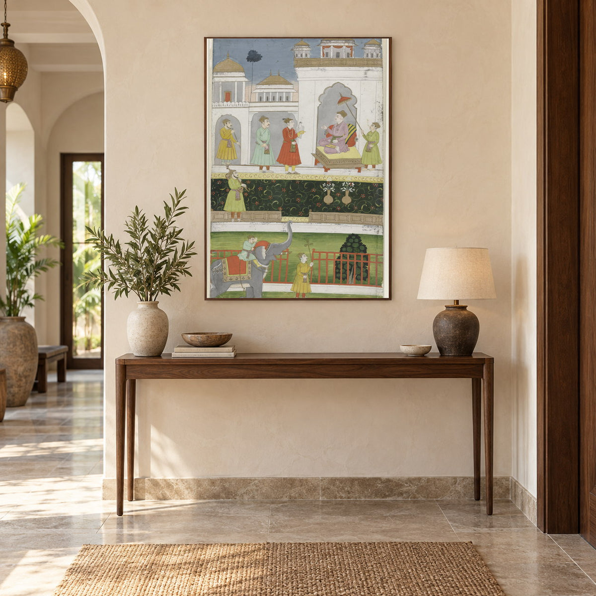 Emperor Akbar Seated on His Throne museum-grade art print in a entryway