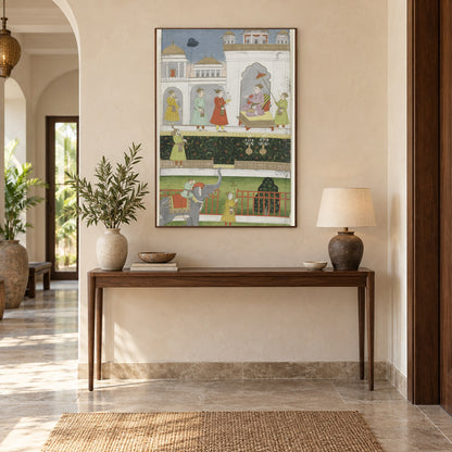 Emperor Akbar Seated on His Throne museum-grade art print in a entryway