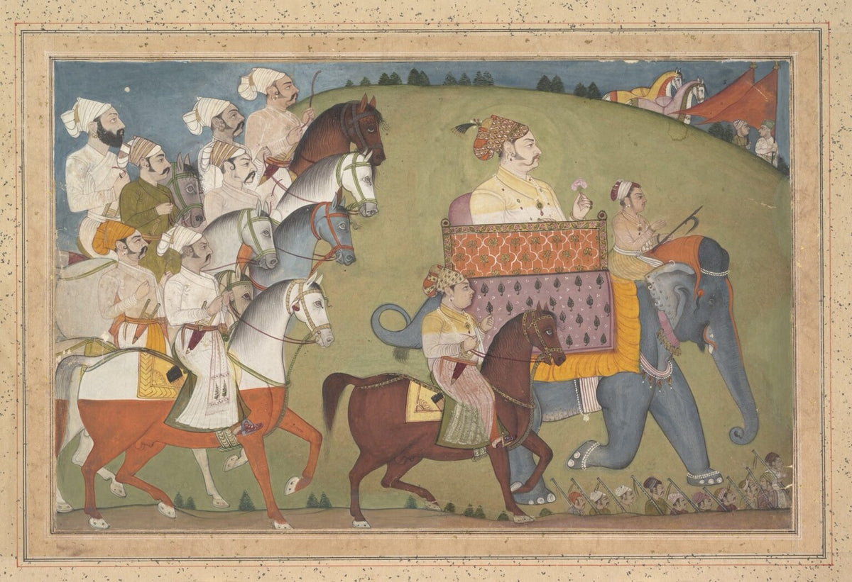 Mughal miniature painting of an emperor in a royal elephant procession