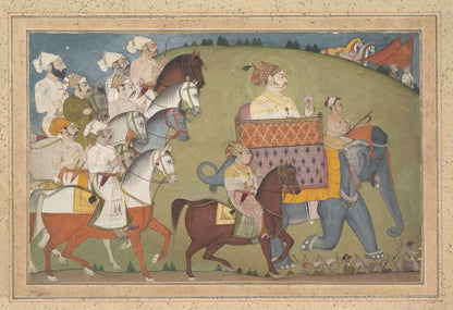 Mughal miniature painting of an emperor in a royal elephant procession