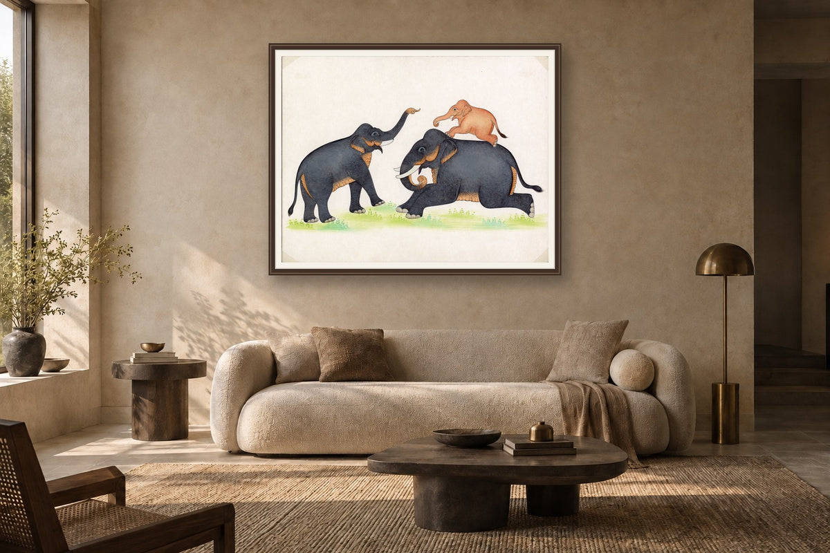 Family Of Elephants Playing styled in a premium living room