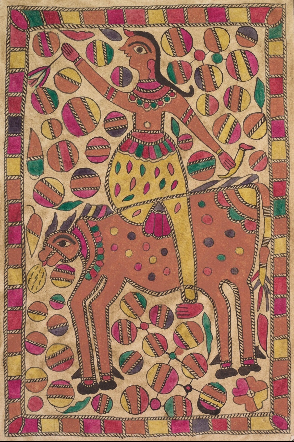 Festive elephant procession in earthy Madhubani folk art