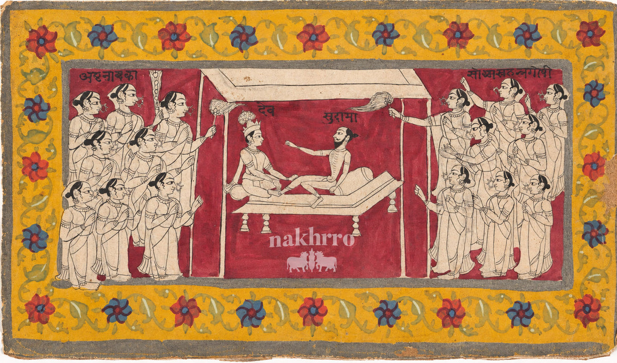 Dev and Surabhi in a Ceremonial Assembly | Indian Folk Art Print – museum-grade artwork