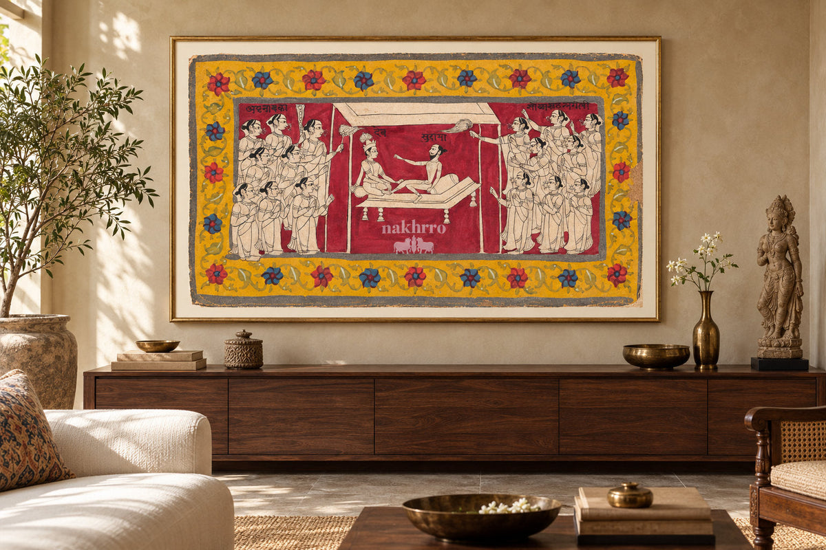 Dev and Surabhi in a Ceremonial Assembly | Indian Folk Art Print – framed interior view 1