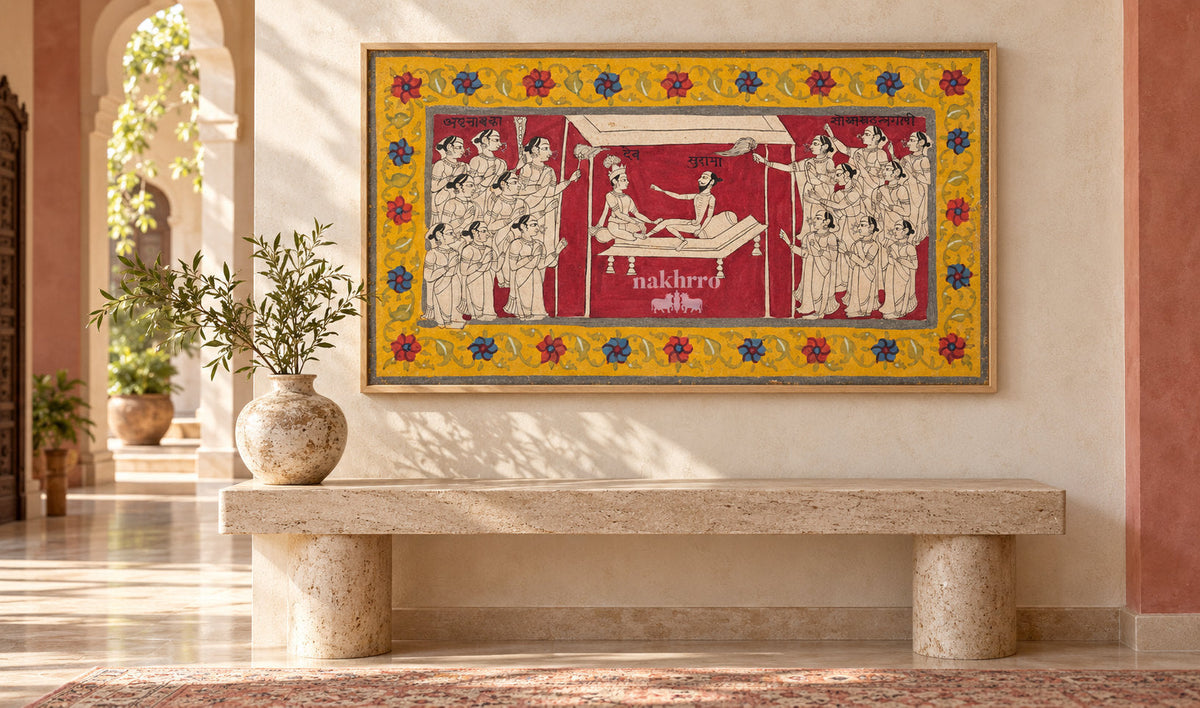 Dev and Surabhi in a Ceremonial Assembly | Indian Folk Art Print – framed interior view 3