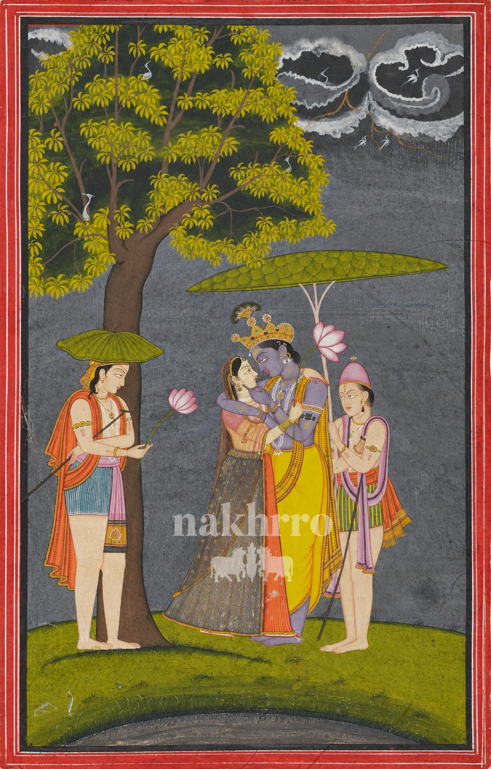Krishna and Radha beneath Lotus Parasols | Indian Miniature Art Print – museum-grade artwork