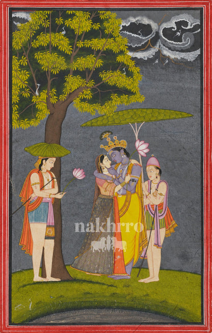 Krishna and Radha beneath Lotus Parasols | Indian Miniature Art Print – museum-grade artwork