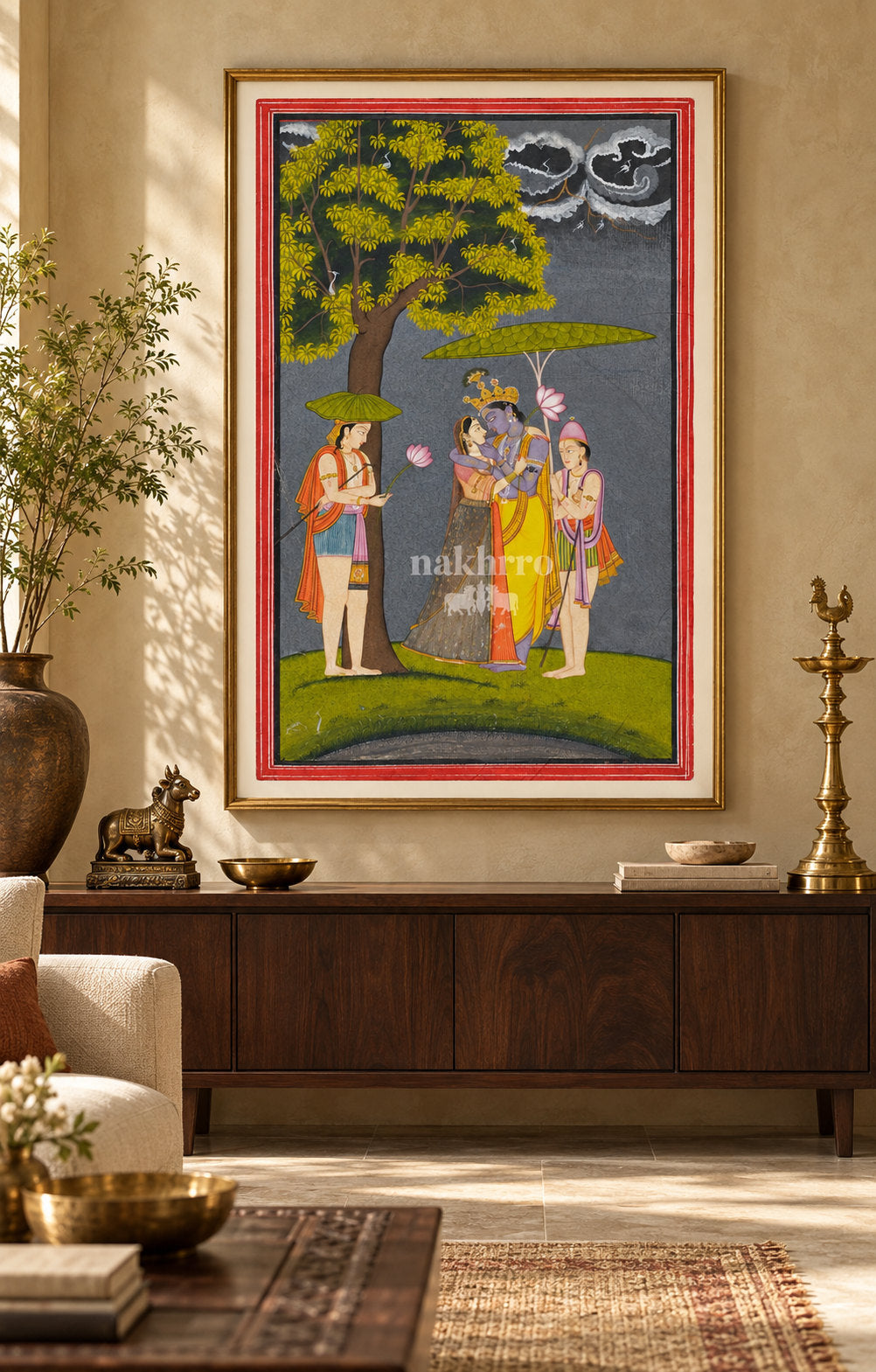 Krishna and Radha beneath Lotus Parasols | Indian Miniature Art Print – framed interior view 1