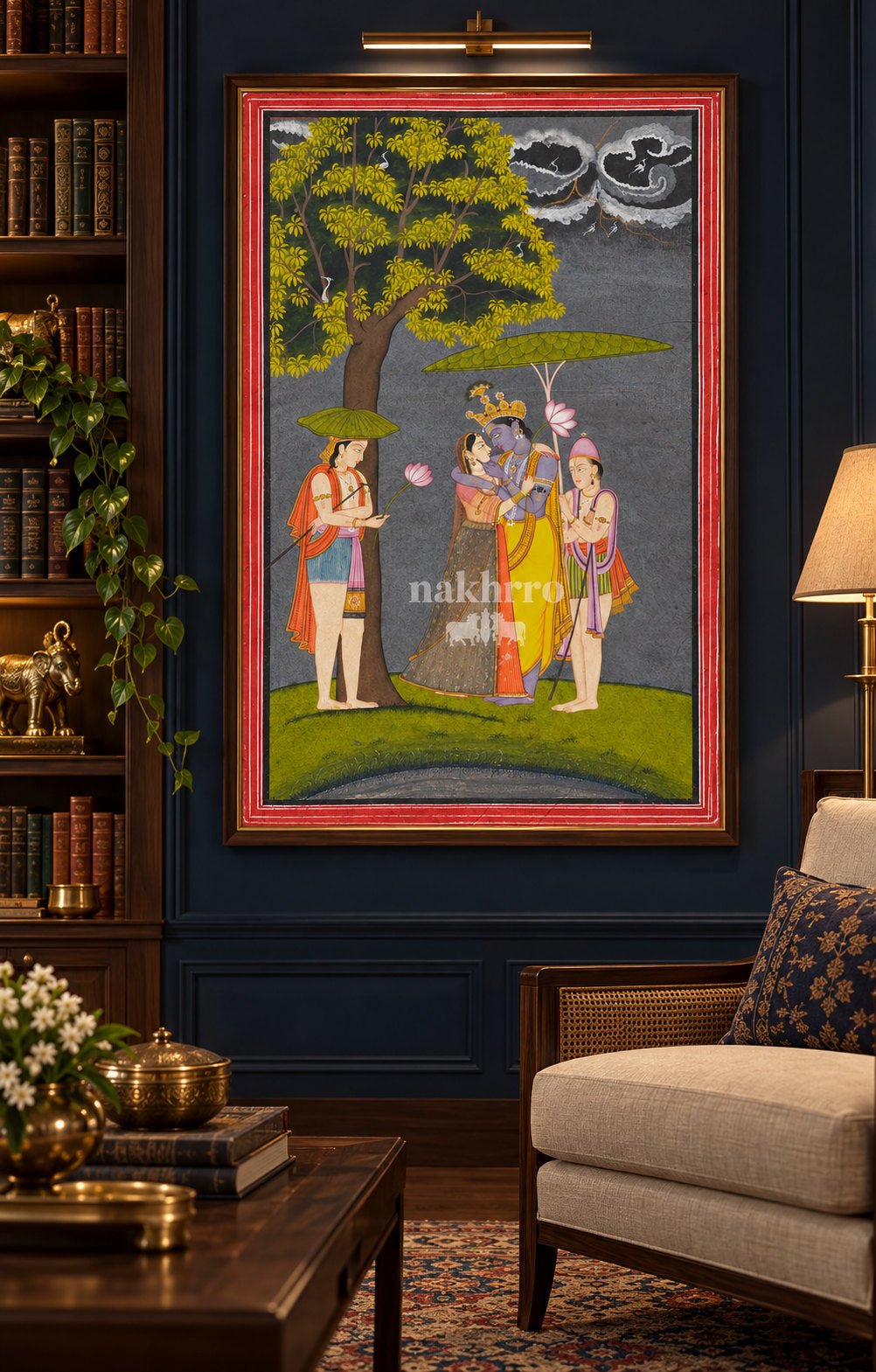 Krishna and Radha beneath Lotus Parasols | Indian Miniature Art Print – framed interior view 2
