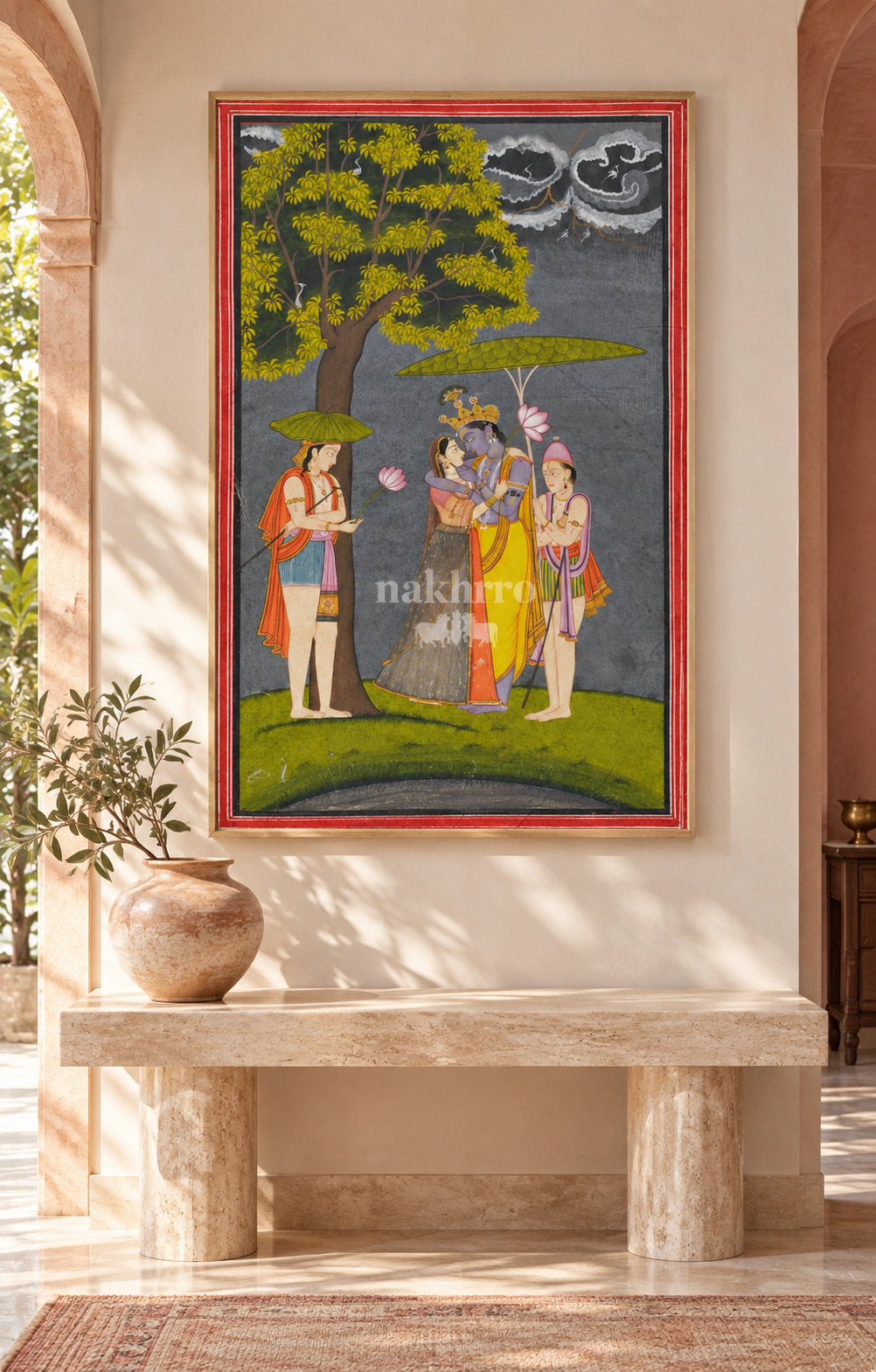 Krishna and Radha beneath Lotus Parasols | Indian Miniature Art Print – framed interior view 3