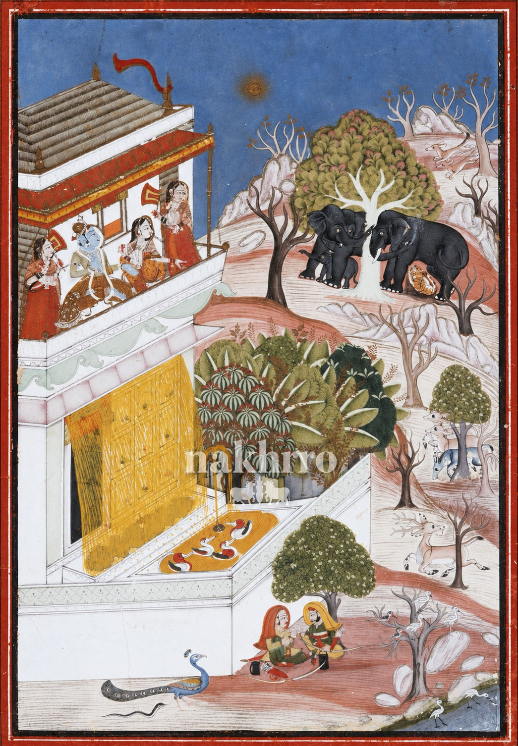 Krishna and Radha Viewing Elephants | Indian Miniature Art Print – museum-grade artwork