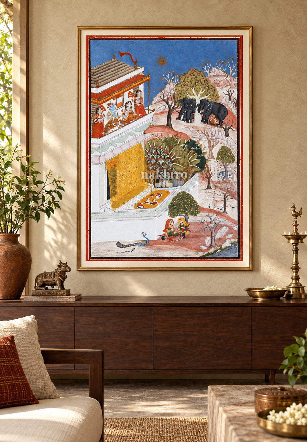Krishna and Radha Viewing Elephants | Indian Miniature Art Print – framed interior view 1