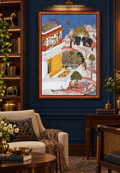 Krishna and Radha Viewing Elephants | Indian Miniature Art Print – framed interior view 2