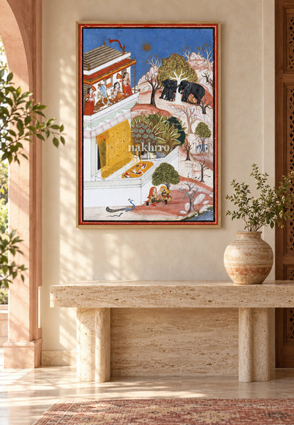Krishna and Radha Viewing Elephants | Indian Miniature Art Print – framed interior view 3