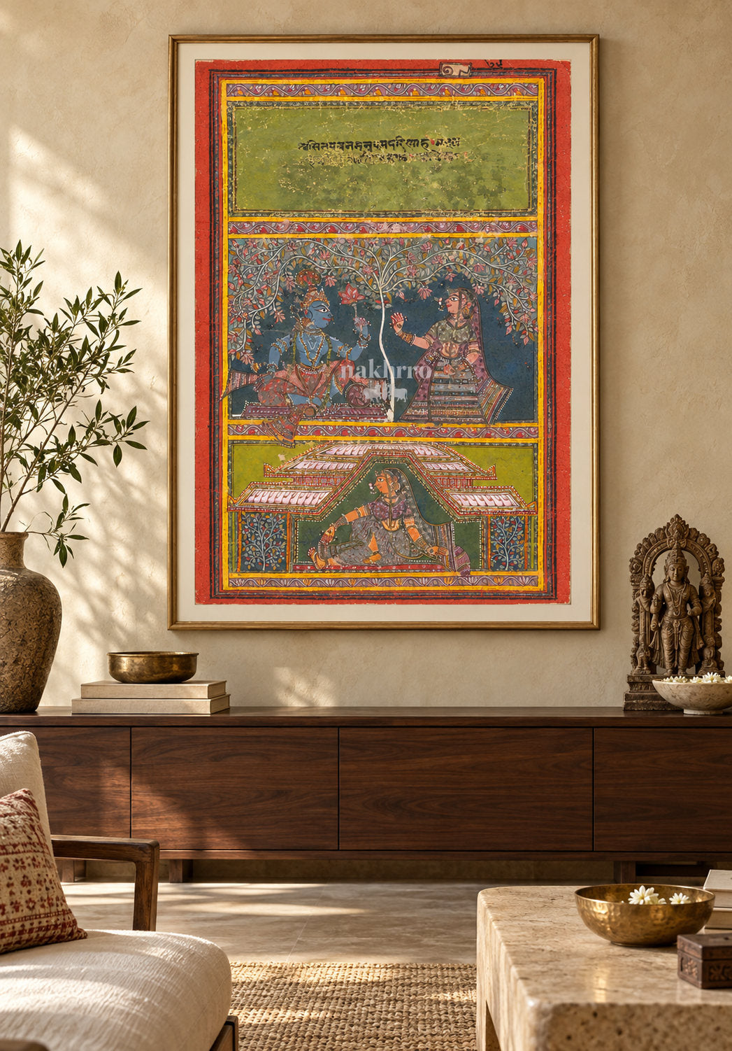 Krishna Offers a Lotus to Radha | Indian Miniature Art Print – framed interior view 1
