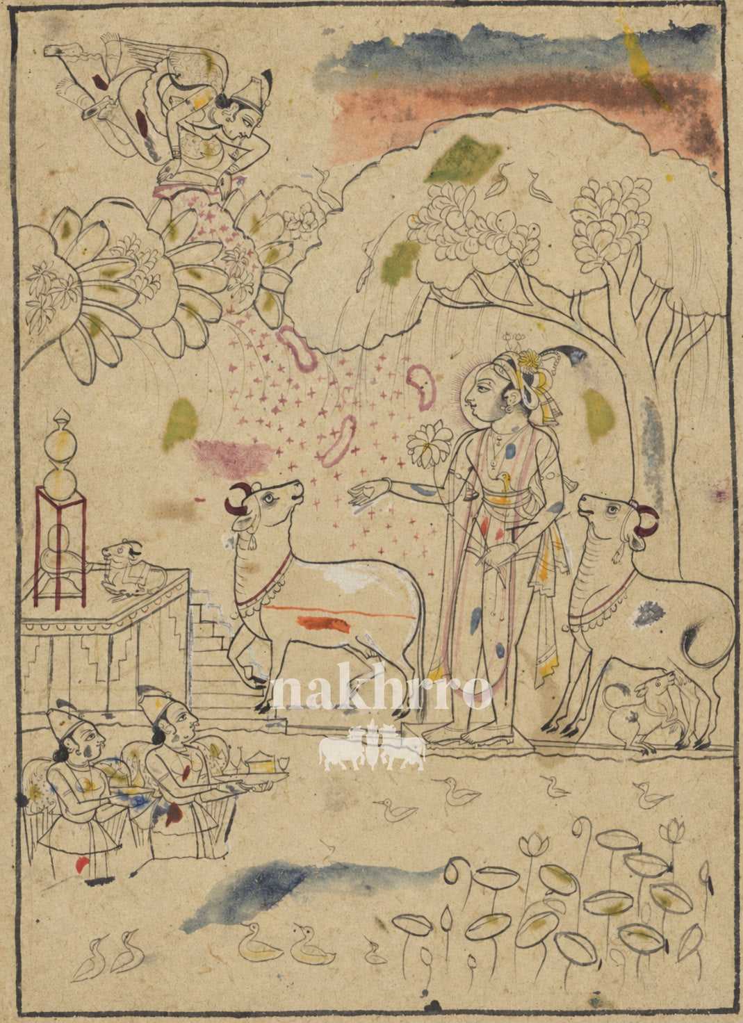 Krishna with Cows beside a Lotus Pond | Indian Miniature Art Print – museum-grade artwork