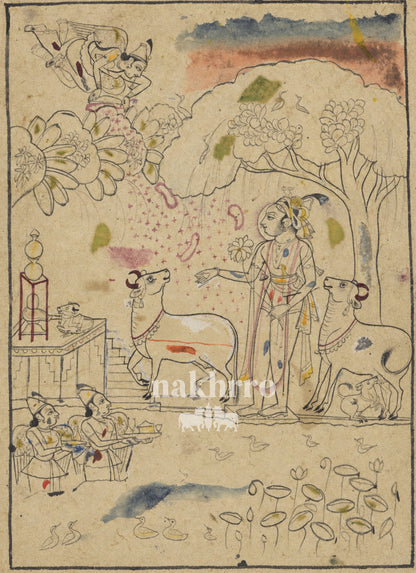 Krishna with Cows beside a Lotus Pond | Indian Miniature Art Print – museum-grade artwork
