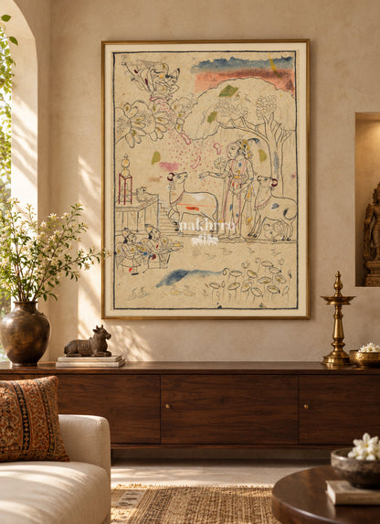 Krishna with Cows beside a Lotus Pond | Indian Miniature Art Print – framed interior view 1