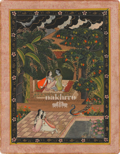 Lovers in a Monsoon Mango Garden | Ragamala Art Print – museum-grade artwork