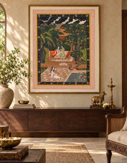 Lovers in a Monsoon Mango Garden | Ragamala Art Print – framed interior view 1