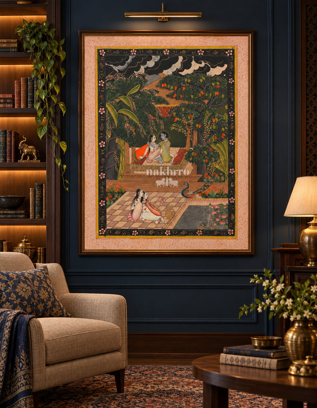 Lovers in a Monsoon Mango Garden | Ragamala Art Print – framed interior view 2