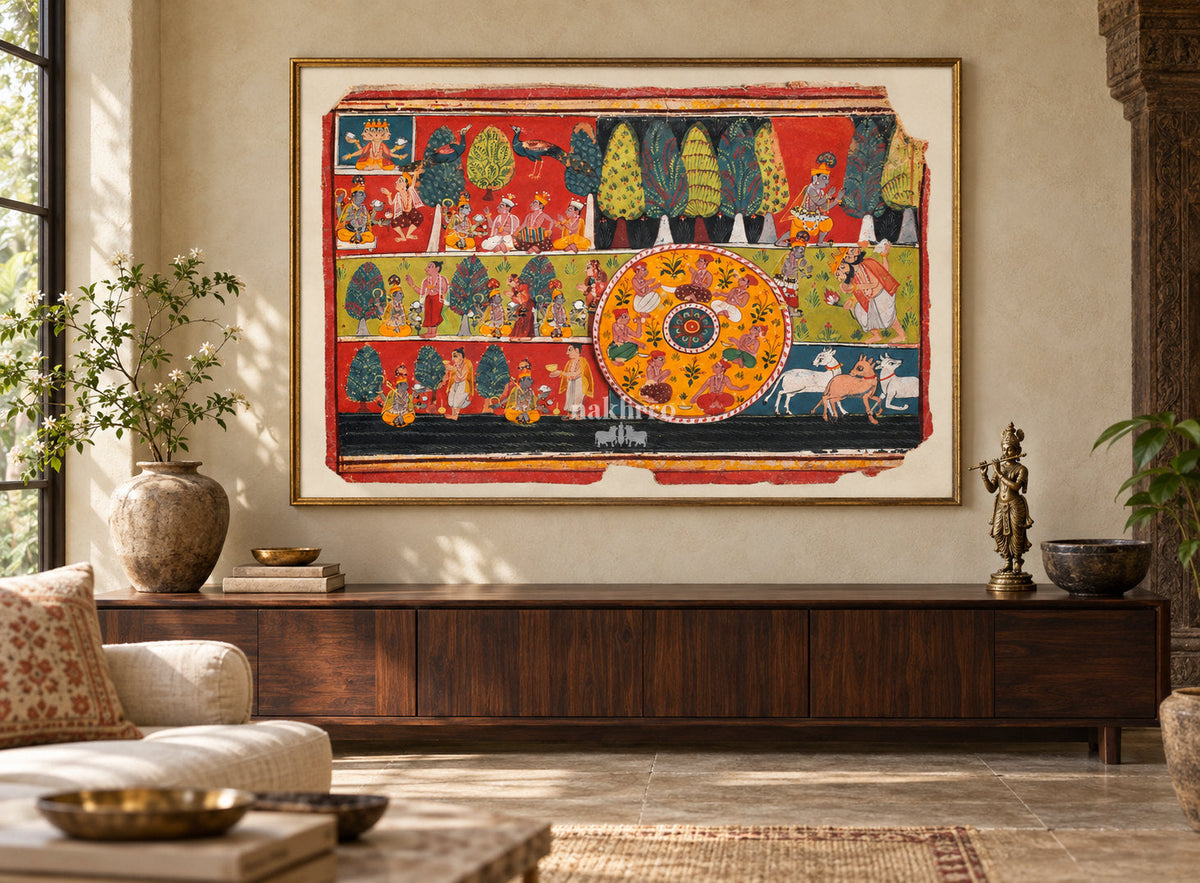 Sacred Krishna Narratives and Raas Mandala | Indian Folk Art Print – framed interior view 1