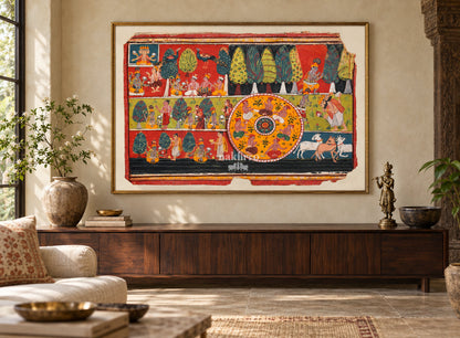 Sacred Krishna Narratives and Raas Mandala | Indian Folk Art Print – framed interior view 1