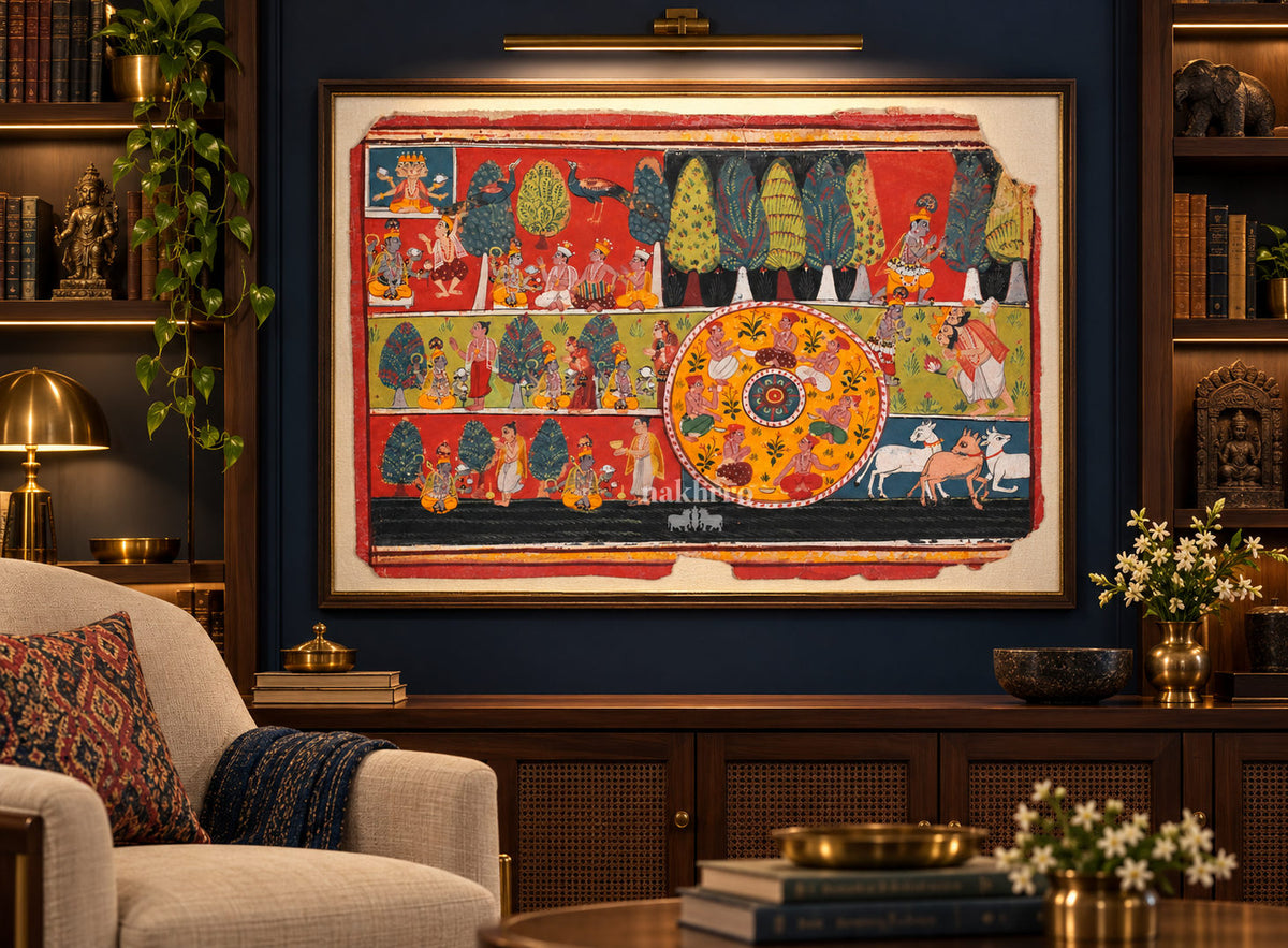 Sacred Krishna Narratives and Raas Mandala | Indian Folk Art Print – framed interior view 2