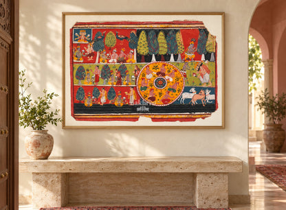 Sacred Krishna Narratives and Raas Mandala | Indian Folk Art Print – framed interior view 3