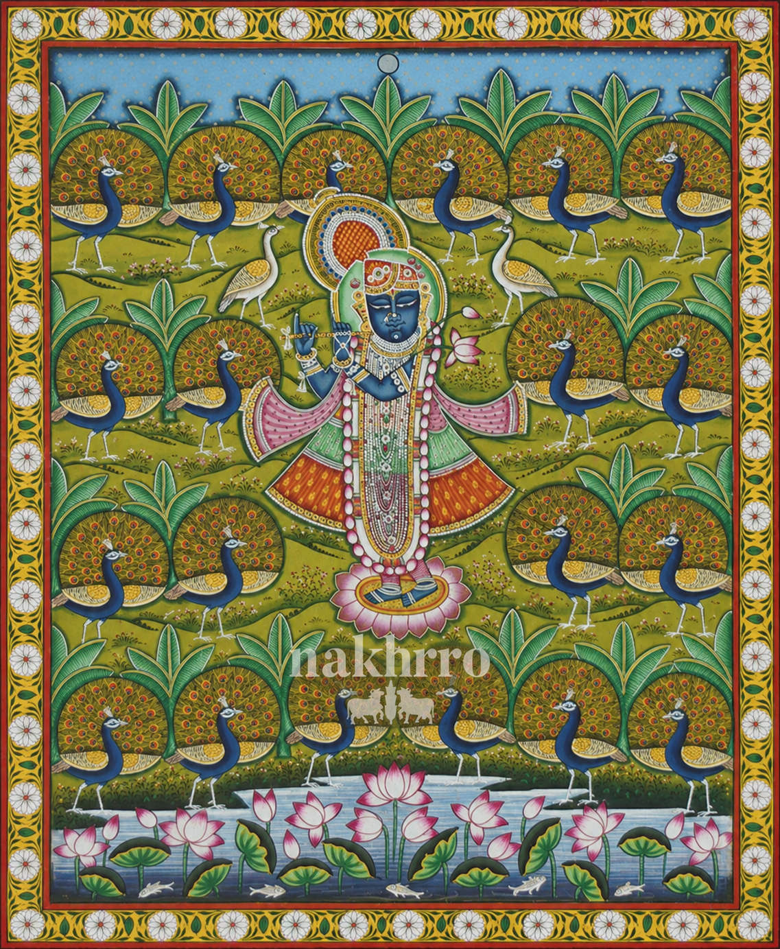 Shrinathji among Peacocks and Lotuses | Pichwai Art Print – museum-grade artwork