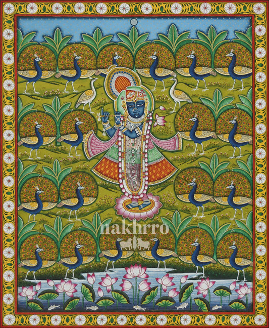 Shrinathji among Peacocks and Lotuses | Pichwai Art Print – museum-grade artwork