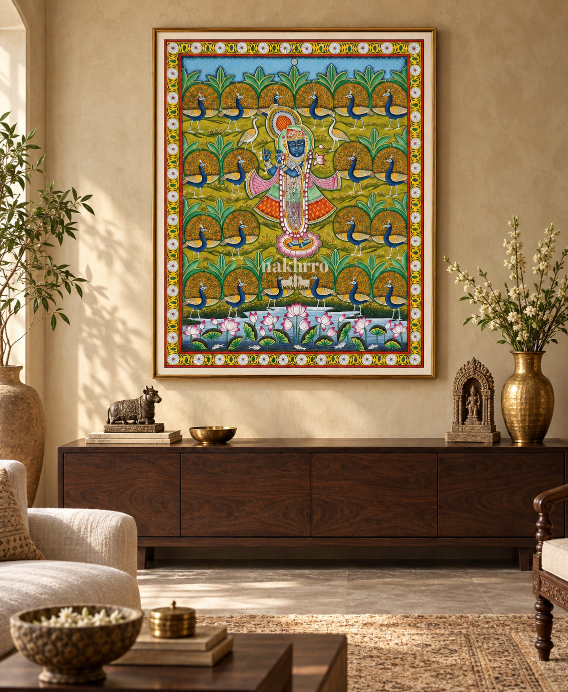 Shrinathji among Peacocks and Lotuses | Pichwai Art Print – framed interior view 1