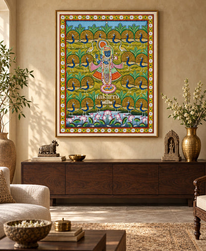 Shrinathji among Peacocks and Lotuses | Pichwai Art Print – framed interior view 1