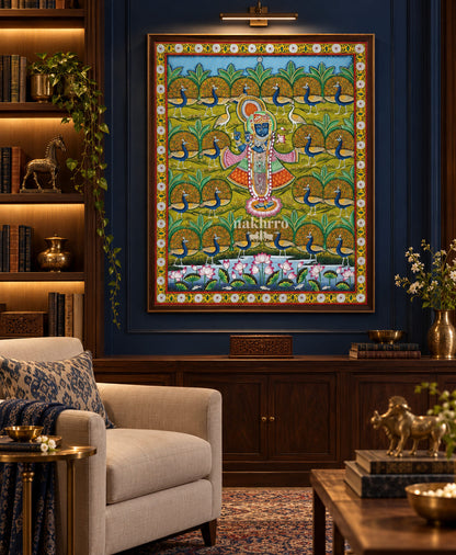 Shrinathji among Peacocks and Lotuses | Pichwai Art Print – framed interior view 2