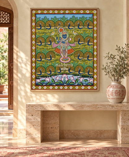 Shrinathji among Peacocks and Lotuses | Pichwai Art Print – framed interior view 3