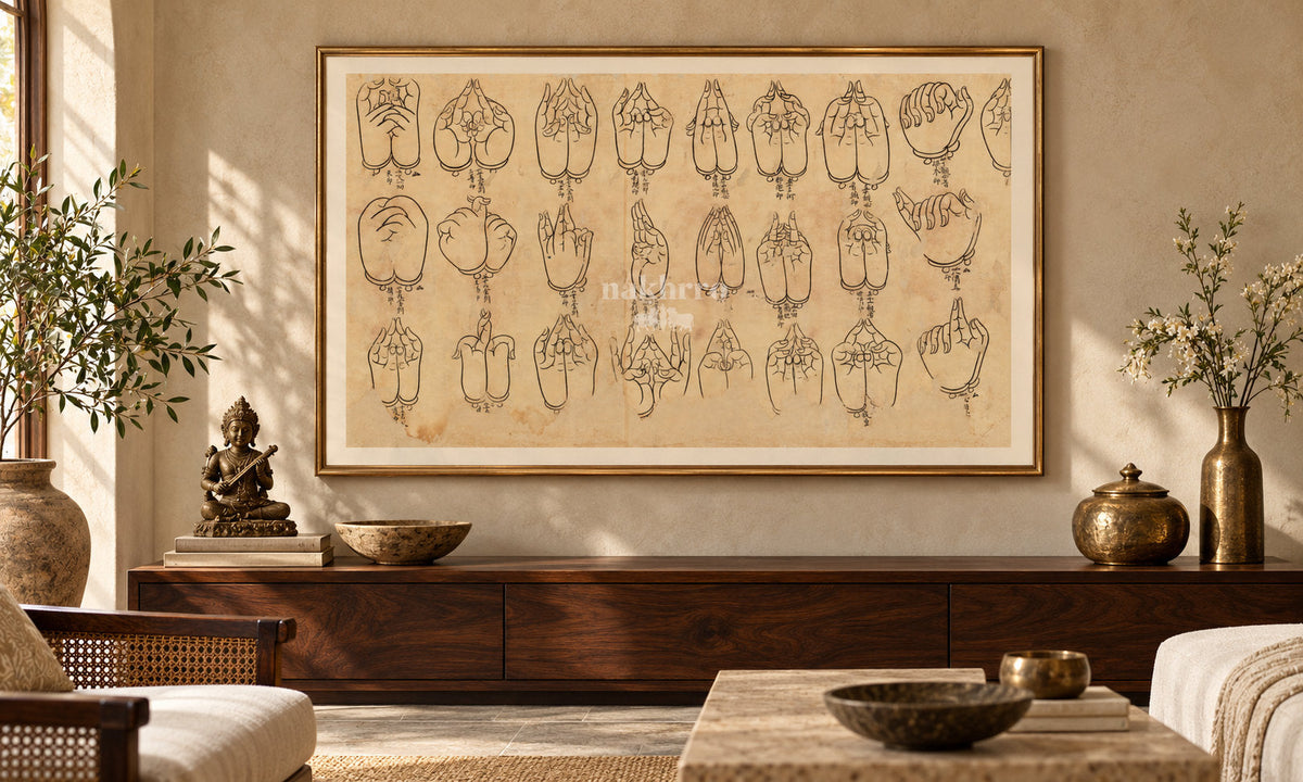 Twenty-Four Sacred Hand Mudras | Buddhist Manuscript Art Print – framed interior view 1