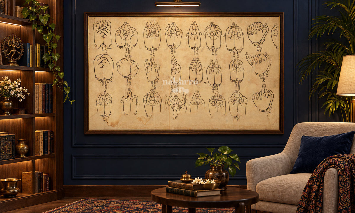 Twenty-Four Sacred Hand Mudras | Buddhist Manuscript Art Print – framed interior view 2
