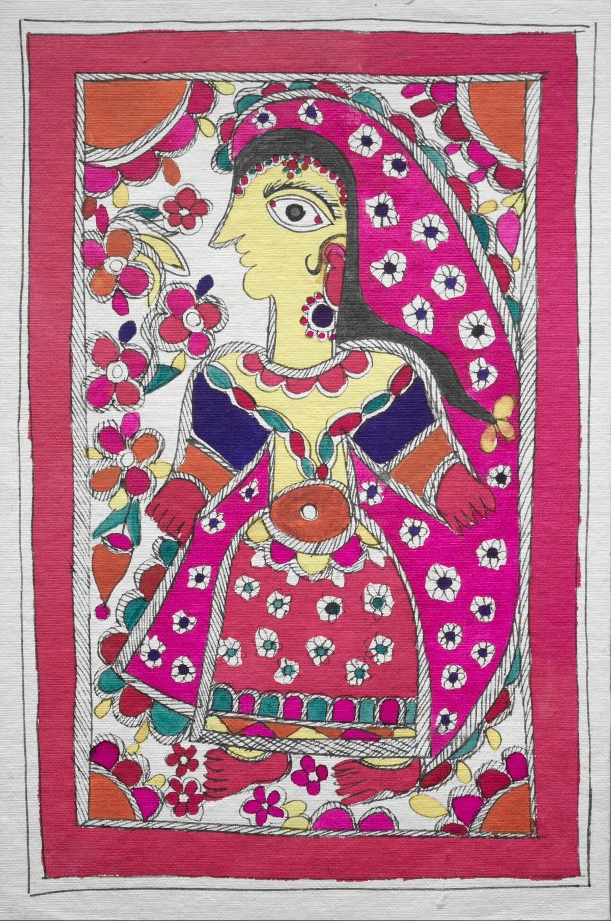 Woman in a floral pink veil portrayed in Madhubani folk art
