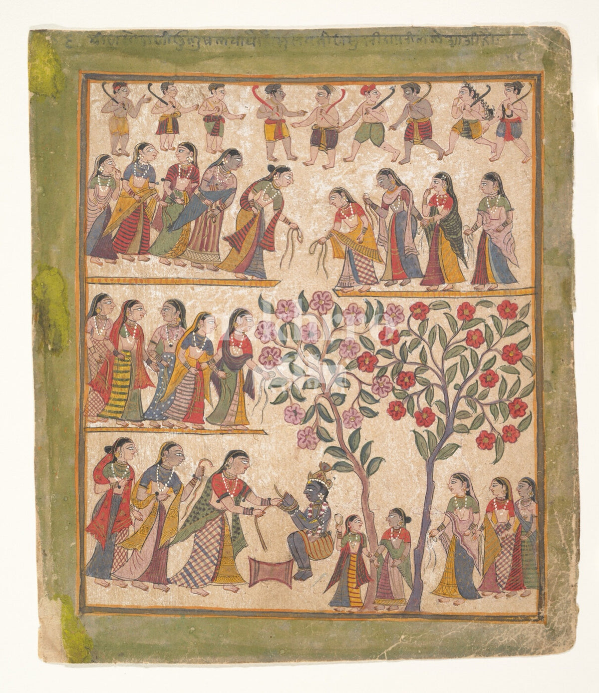 Figures gathered around a flowering tree in a detailed Indian miniature painting