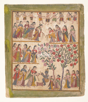 Figures gathered around a flowering tree in a detailed Indian miniature painting
