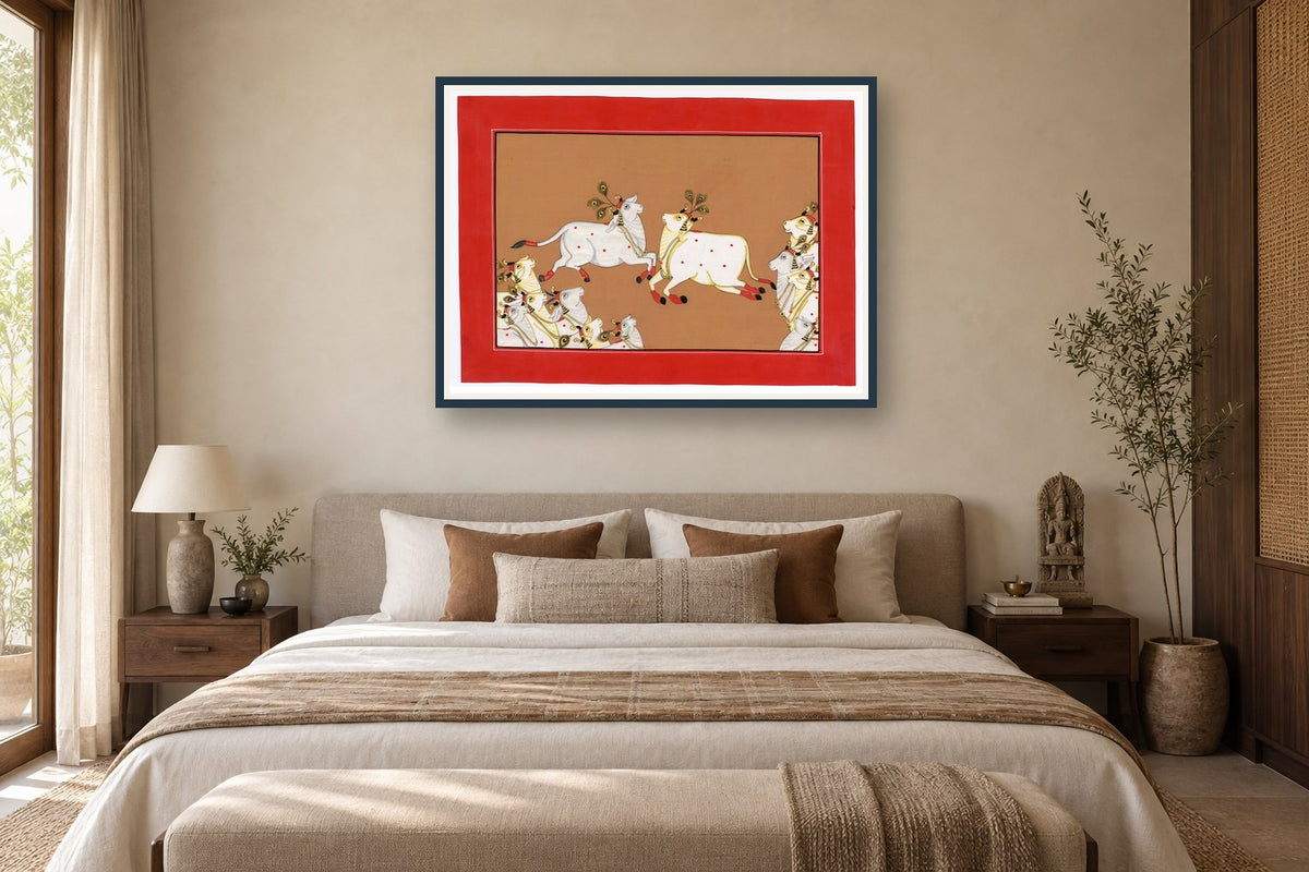 Flying Cows Of Pichwai styled in a premium bedroom