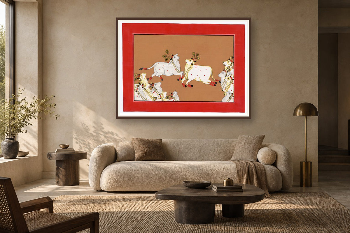 Flying Cows Of Pichwai styled in a premium living room