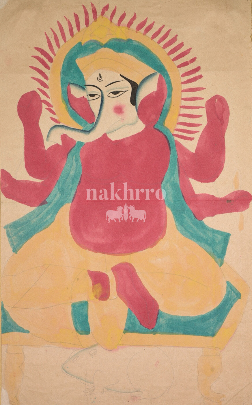 Expressive folk-style Ganesha in red turquoise and ochre