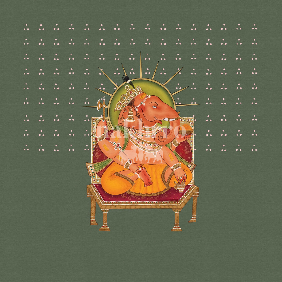 Ganesha seated on a throne against a forest green background