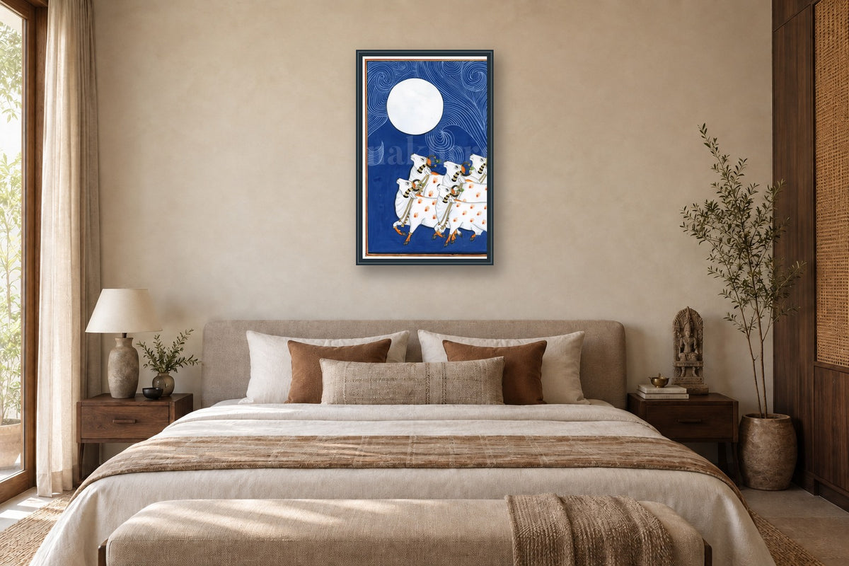 Full Moon Blue Gopasthami Night Pichwai in a bedroom