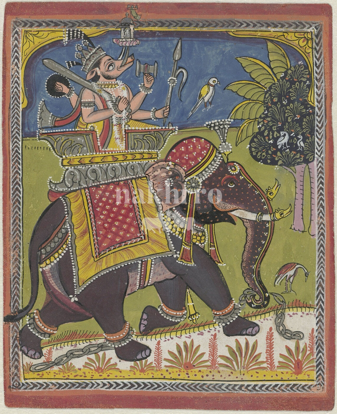 Ganesha riding a decorated elephant in an Indian folk art composition
