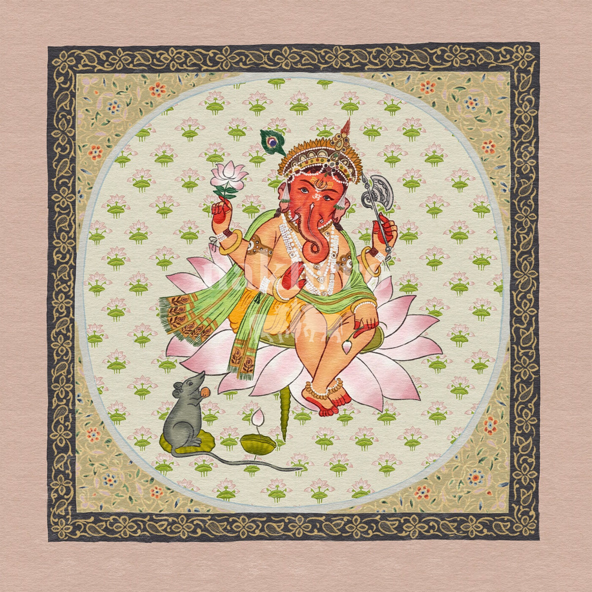 Ganesha seated on a lotus within an ornate floral medallion