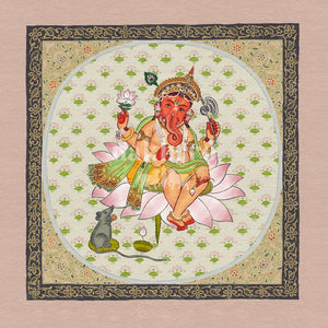 Ganesha seated on a lotus within an ornate floral medallion