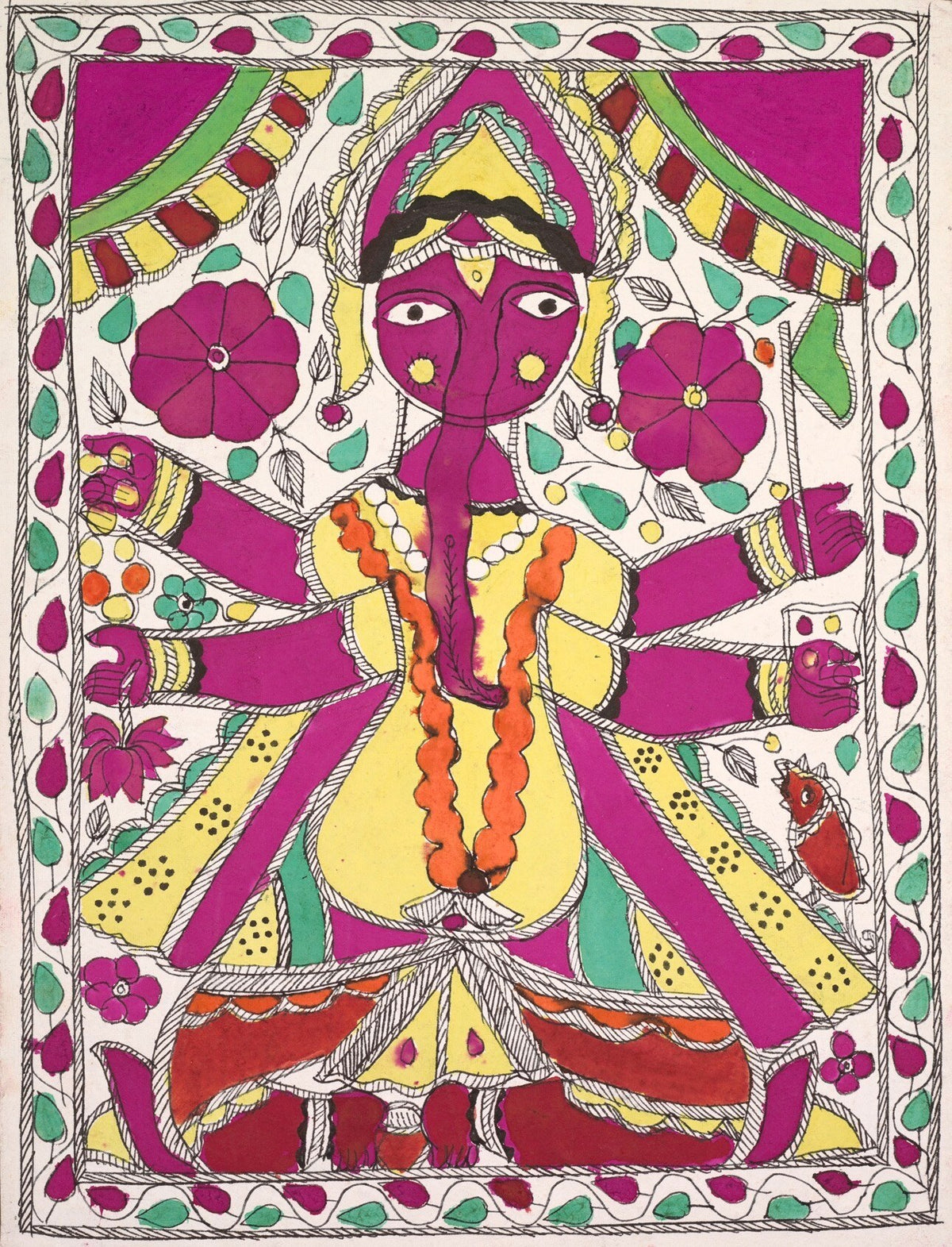 Ganesha surrounded by flowers in colourful Madhubani folk art