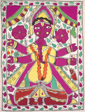 Ganesha surrounded by flowers in colourful Madhubani folk art